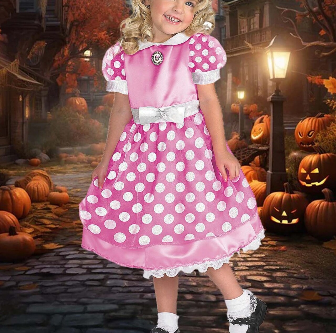 Girl's Minnie Mouse Costume Pink Dress with Polka Dots and Mouse Ears Headband
